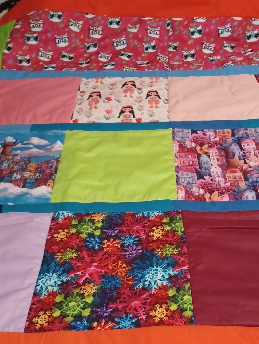 Handmade Patchwork Lap Quilt - Multicolor With Cats,housing,girl Scouts Mountail